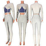 Long Sleeve Lace Up Crop Top Skinny Pants Two Piece Set MDF-5182
