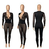 Net Yarn Ironed Silver Spliced Deep V Long Sleeve Jumpsuit CHY-1254
