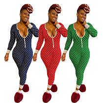 Winter Wave Dot Printed Long Sleeve Pajama Jumpsuit AIL-139