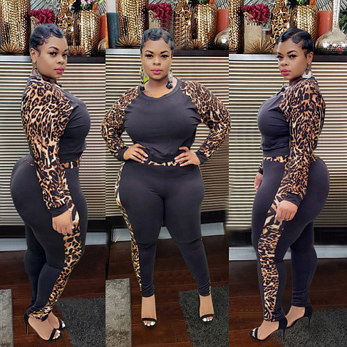 Printed Stitched Long Sleeve T-shirt Pant Plus Size Outfit NY-2016