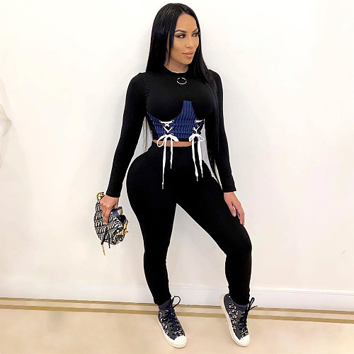 Long Sleeve Lace Up Crop Top Skinny Pants Two Piece Set MDF-5182