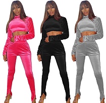 Velvet Long Sleeve Turtleneck Crop Top Leggings Outfit Set XMY-9270