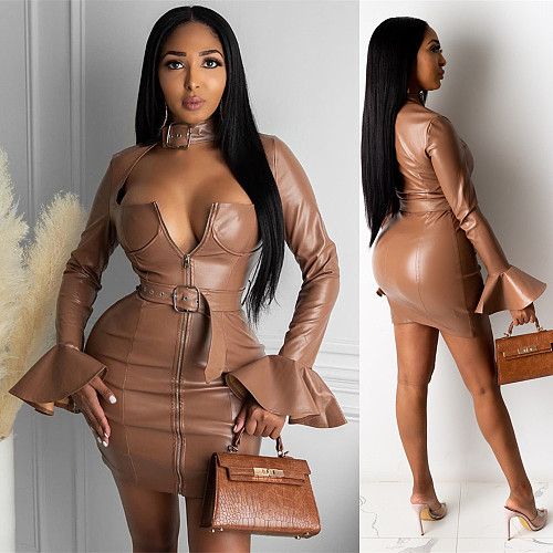Autumn Faux Leather Bodycon Low-cut Club Bandage Dress LSL-6402