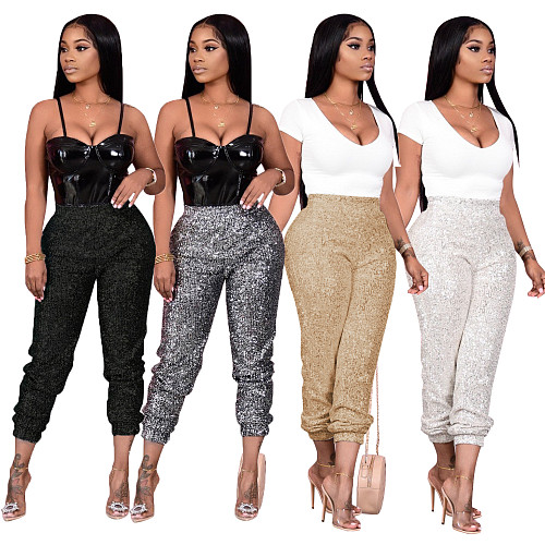 Women Streetwear Sequin Shiny Spliced Mid Waist Skinny Pants CM-800