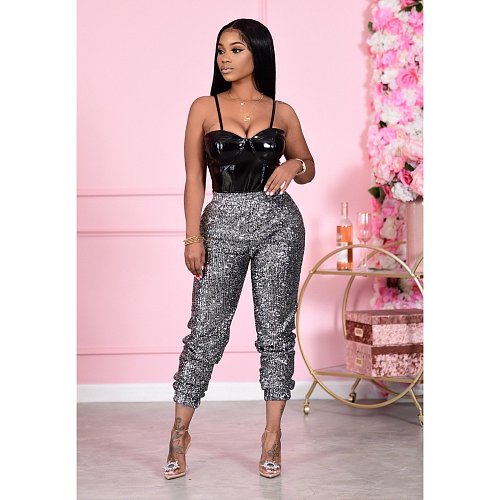 Women Streetwear Sequin Shiny Spliced Mid Waist Skinny Pants CM-800