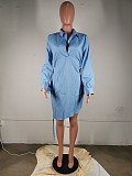 Women's Solid Color Long sleeve Deep V Drawstring Shirt Dress MK-3031