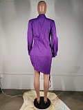 Women's Solid Color Long sleeve Deep V Drawstring Shirt Dress MK-3031