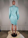 Women's Solid Color Long sleeve Deep V Drawstring Shirt Dress MK-3031