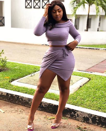 Women Solid-color Knitted Crop Top Irregular Skirt Two-piece Set LP-6255