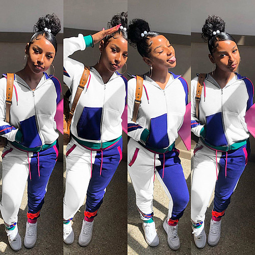 Color Block Zipper Up Long Sleeve Hoodie Pant Casual Tracksuit GLS-8068
