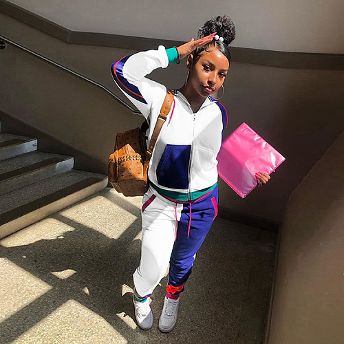 Color Block Zipper Up Long Sleeve Hoodie Pant Casual Tracksuit GLS-8068