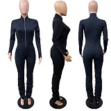Solid Long Sleeve Front Zipper Pleated Bodycon Jumpsuit ABL-6634
