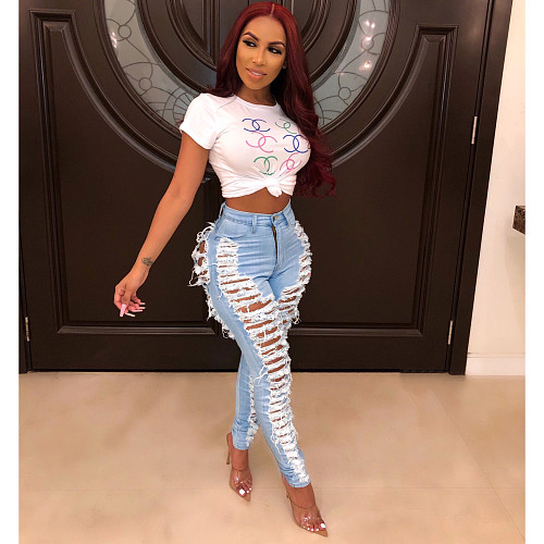 Women High Waist Washed Ripped Skinny Denim Jeans HSF-2080