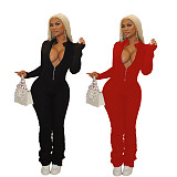 Solid Long Sleeve Front Zipper Pleated Bodycon Jumpsuit ABL-6634