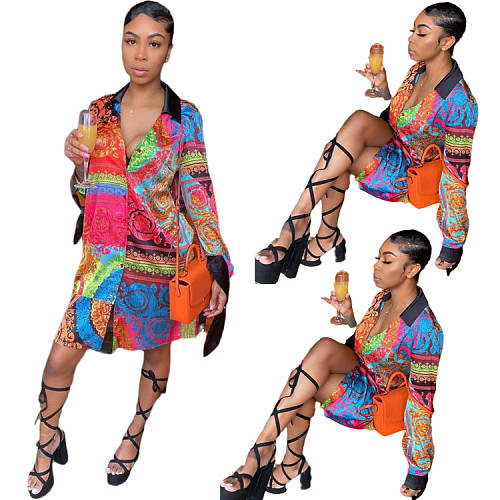 Autumn Elegant Coloured Patterned Long Sleeve Shirt Dress QZX-6170