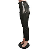 Zipper Stitching Tight Mid-waist PU Leather Pants HMS-5373