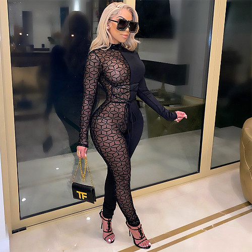 Sexy Perspective Mesh Spliced High Waist Skinny Jumpsuit CN-0074