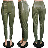 Zipper Stitching Tight Mid-waist PU Leather Pants HMS-5373