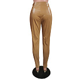 Zipper Stitching Tight Mid-waist PU Leather Pants HMS-5373