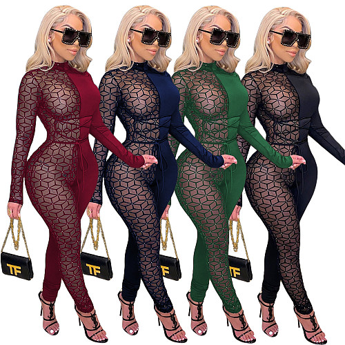 Sexy Perspective Mesh Spliced High Waist Skinny Jumpsuit CN-0074