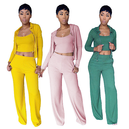Stylish Solid-color Tank Top+Hooded Jacket+Trousers 3 Piece Set ML-7401
