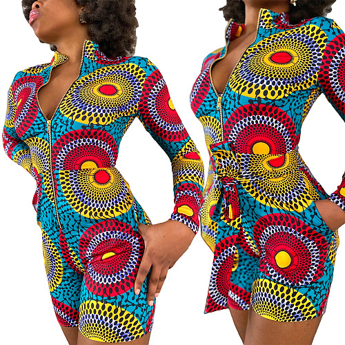Women Pattern-printed Long Sleeve Front Zipper Skinny Romper ML-7405