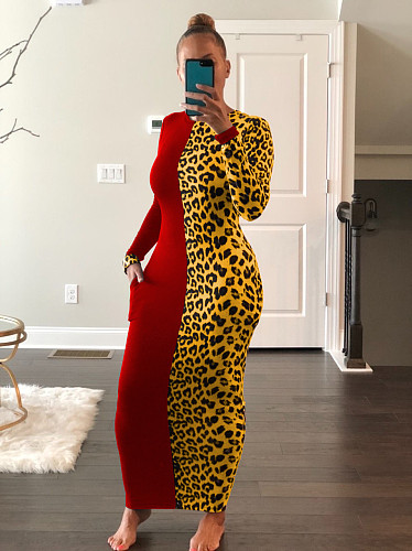 Fashion Splicing Leopard Print Long-sleeved Bodycon Dresses AIL-142
