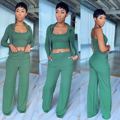Stylish Solid-color Tank Top+Hooded Jacket+Trousers 3 Piece Set ML-7401