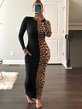 Fashion Splicing Leopard Print Long-sleeved Bodycon Dresses AIL-142