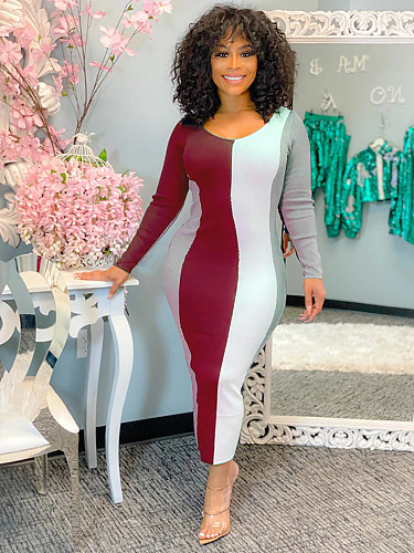 Autumn Print Elegant Elastic Long Sleeve U Neck Bodycon Dress MEI-9127