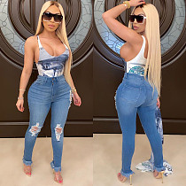 Streetwear High Elastic Mid Waist Skinny Ripped Tassel Jeans ORY-5178