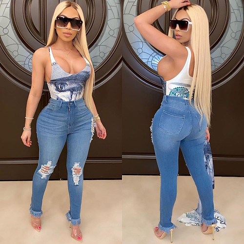 Streetwear High Elastic Mid Waist Skinny Ripped Tassel Jeans ORY-5178