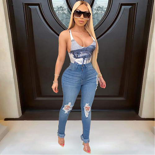 Streetwear High Elastic Mid Waist Skinny Ripped Tassel Jeans ORY-5178