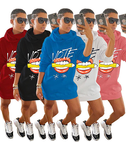Women Print Long Sleeve Loose Fitting Hoodie Sweatshirt Dress WSM-5207