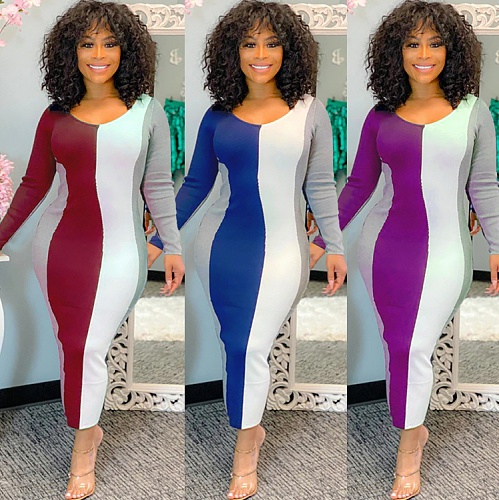 Autumn Print Elegant Elastic Long Sleeve U Neck Bodycon Dress MEI-9127