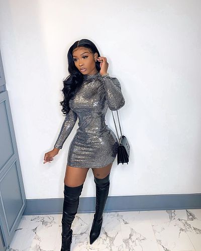 Fashion Eletgant Hot Stamping Long Sleeve Bodycon Dress LSL-6404