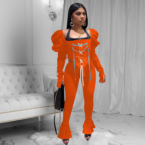 Fashion Lace Stacked Sleeves Ruffled Top Skinny Pants Outfit NIK-195