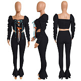 Fashion Lace Stacked Sleeves Ruffled Top Skinny Pants Outfit NIK-195