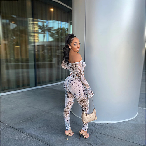 Sexy Gauze Print Long Sleeve Bodysuit Pencil Pants 2piece Set ABL-6635