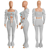 Fashion Lace Stacked Sleeves Ruffled Top Skinny Pants Outfit NIK-195