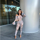 Sexy Gauze Print Long Sleeve Bodysuit Pencil Pants 2piece Set ABL-6635