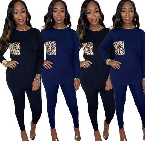 Women's Leopard Collage Long Sleeve T-shirt Skinny Pants Suit QZX-6182