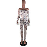Sexy Gauze Print Long Sleeve Bodysuit Pencil Pants 2piece Set ABL-6635