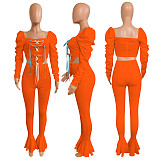 Fashion Lace Stacked Sleeves Ruffled Top Skinny Pants Outfit NIK-195