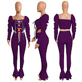 Fashion Lace Stacked Sleeves Ruffled Top Skinny Pants Outfit NIK-195