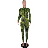 Women's Striped Printed Long Sleeve Zipper Bodycon Jumpsuit CHY-1170