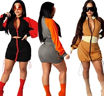 Spliced Contrast Color Long Sleeve Zipper Top Skirt 2piece Outfit CHY-1290