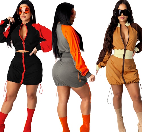 Spliced Contrast Color Long Sleeve Zipper Top Skirt 2piece Outfit CHY-1290