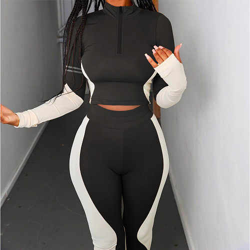 Contrast Color Long Sleeve Skinny Top Pencil Pant Two Piece Outfit ASL-6323