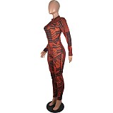 Women's Striped Printed Long Sleeve Zipper Bodycon Jumpsuit CHY-1170